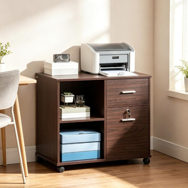 English Elm Versatile Walnut Rolling Cabinet with Locking Drawer Open Shelf and Printer Stand T3971P562703