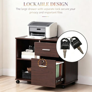 English Elm Versatile Walnut Rolling Cabinet with Locking Drawer Open Shelf and Printer Stand T3971P562703