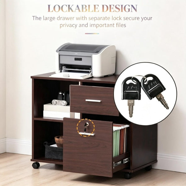English Elm Versatile Walnut Rolling Cabinet with Locking Drawer Open Shelf and Printer Stand T3971P562703