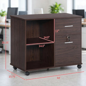 English Elm Versatile Walnut Rolling Cabinet with Locking Drawer Open Shelf and Printer Stand T3971P562703
