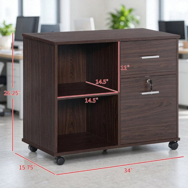 English Elm Versatile Walnut Rolling Cabinet with Locking Drawer Open Shelf and Printer Stand T3971P562703