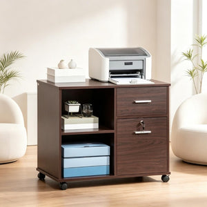 English Elm Versatile Walnut Rolling Cabinet with Locking Drawer Open Shelf and Printer Stand T3971P562703