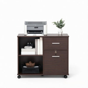 English Elm Versatile Walnut Rolling Cabinet with Locking Drawer Open Shelf and Printer Stand T3971P562703