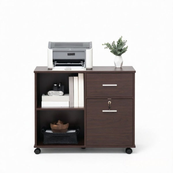 English Elm Versatile Walnut Rolling Cabinet with Locking Drawer Open Shelf and Printer Stand T3971P562703
