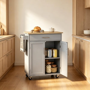 English Elm Rolling Kitchen Island Cart with Drawer Storage Rubberwood Build and Locking Casters T3971P562727