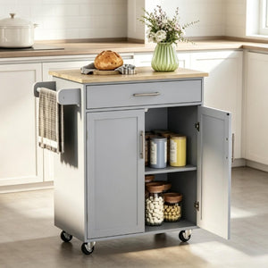 English Elm Rolling Kitchen Island Cart with Drawer Storage Rubberwood Build and Locking Casters T3971P562727