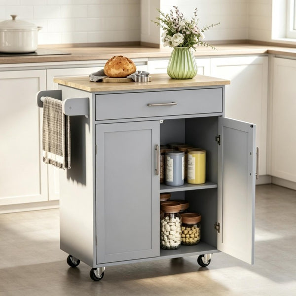 English Elm Rolling Kitchen Island Cart with Drawer Storage Rubberwood Build and Locking Casters T3971P562727