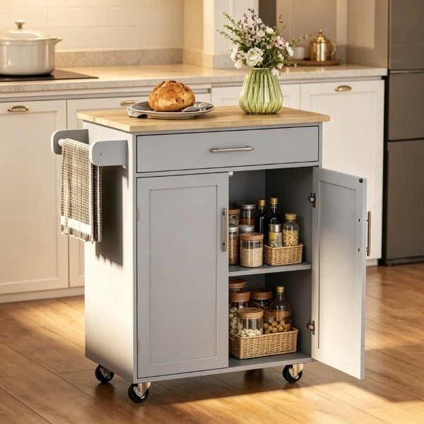 English Elm Rolling Kitchen Island Cart with Drawer Storage Rubberwood Build and Locking Casters T3971P562727