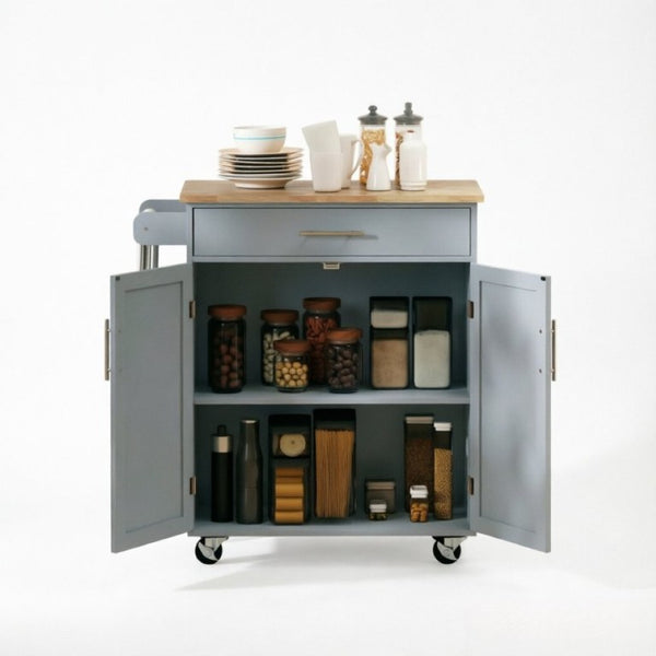 English Elm Rolling Kitchen Island Cart with Drawer Storage Rubberwood Build and Locking Casters T3971P562727