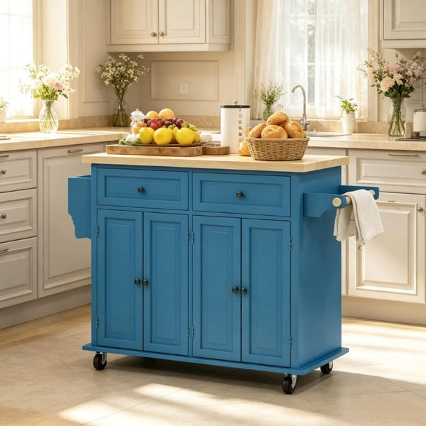 English Elm Versatile Rolling Kitchen Cart with Rubberwood Top Dual Drawers and Adjustable Shelving T3971P562745
