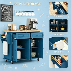 English Elm Versatile Rolling Kitchen Cart with Rubberwood Top Dual Drawers and Adjustable Shelving T3971P562745