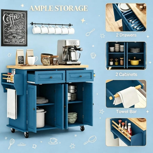 English Elm Versatile Rolling Kitchen Cart with Rubberwood Top Dual Drawers and Adjustable Shelving T3971P562745