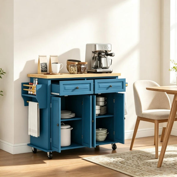 English Elm Versatile Rolling Kitchen Cart with Rubberwood Top Dual Drawers and Adjustable Shelving T3971P562745