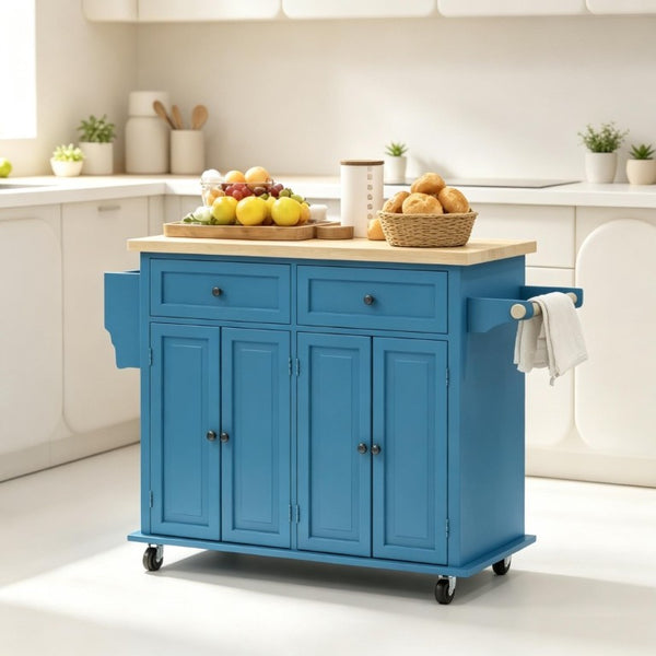 English Elm Versatile Rolling Kitchen Cart with Rubberwood Top Dual Drawers and Adjustable Shelving T3971P562745