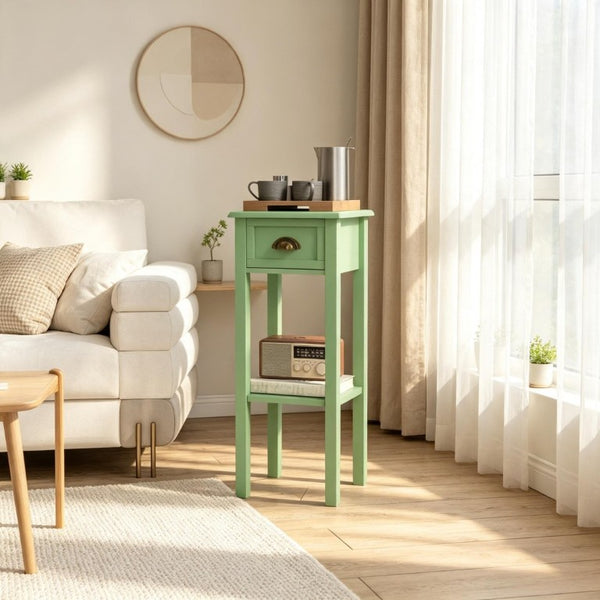 English Elm 2-Tier MDF End Table with Slide-Out Drawer and Open Shelf for Bedroom or Living Room T3971P562769