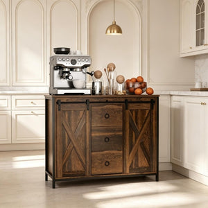English Elm Dining Farmhouse Sideboard with Sliding Barn Doors Steel Frame and Three Drawers T3971P562776