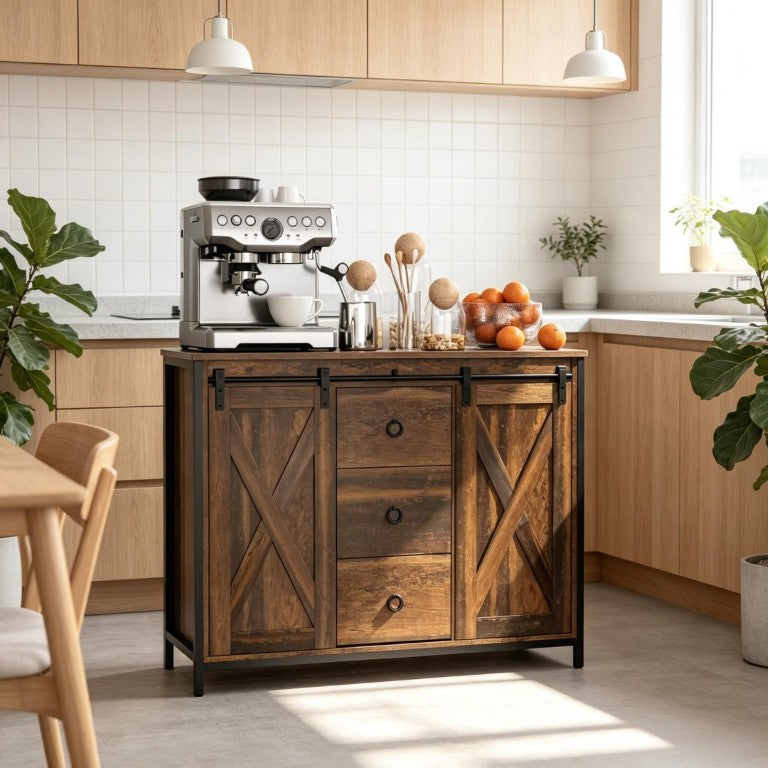 English Elm Dining Farmhouse Sideboard with Sliding Barn Doors Steel Frame and Three Drawers T3971P562776
