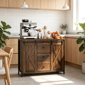 English Elm Dining Farmhouse Sideboard with Sliding Barn Doors Steel Frame and Three Drawers T3971P562776