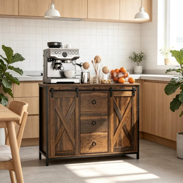 English Elm Dining Farmhouse Sideboard with Sliding Barn Doors Steel Frame and Three Drawers T3971P562776