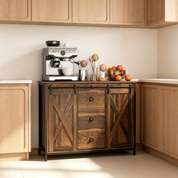 English Elm Dining Farmhouse Sideboard with Sliding Barn Doors Steel Frame and Three Drawers T3971P562776