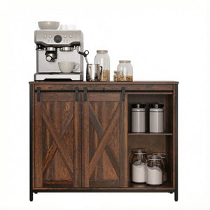 English Elm Dining Farmhouse Sideboard with Sliding Barn Doors Steel Frame and Three Drawers T3971P562776