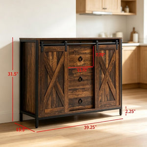 English Elm Dining Farmhouse Sideboard with Sliding Barn Doors Steel Frame and Three Drawers T3971P562776
