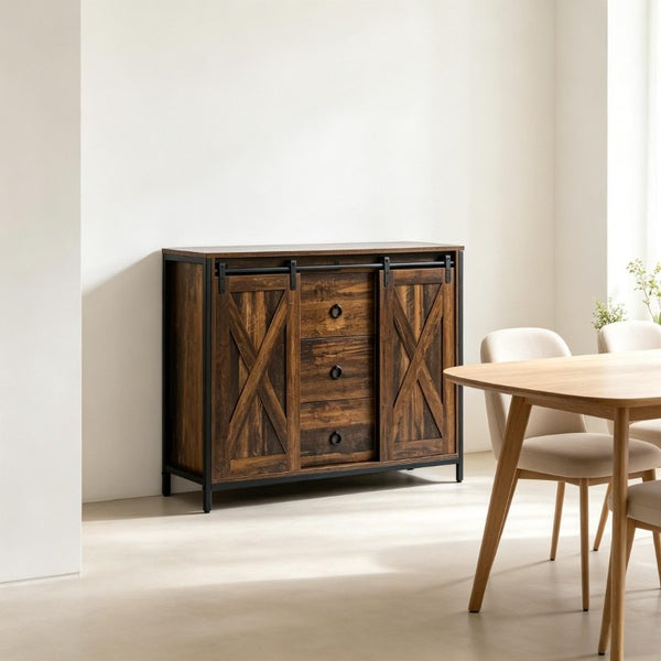 English Elm Dining Farmhouse Sideboard with Sliding Barn Doors Steel Frame and Three Drawers T3971P562776