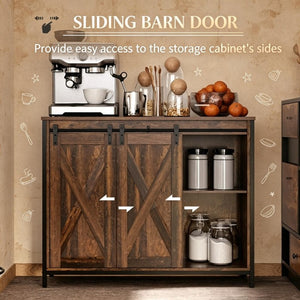 English Elm Dining Farmhouse Sideboard with Sliding Barn Doors Steel Frame and Three Drawers T3971P562776