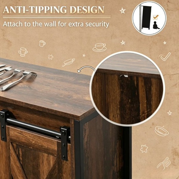 English Elm Dining Farmhouse Sideboard with Sliding Barn Doors Steel Frame and Three Drawers T3971P562776