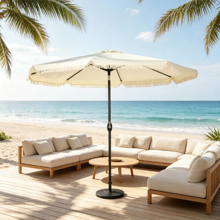 English Elm Deck Market Umbrella with Fringed Ruffle Canopy Tilt Function and Steel Frame Outdoor T3971P562798