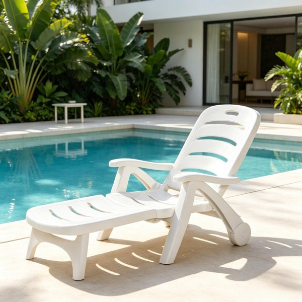 English Elm Poolside Folding Recliner with Slatted Polypropylene Frame and Built-In Wheels for Patios T3971P563044