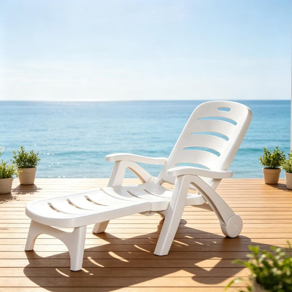 English Elm Poolside Folding Recliner with Slatted Polypropylene Frame and Built-In Wheels for Patios T3971P563044
