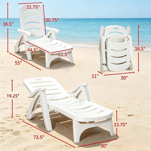 English Elm Poolside Folding Recliner with Slatted Polypropylene Frame and Built-In Wheels for Patios T3971P563044