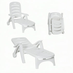 English Elm Poolside Folding Recliner with Slatted Polypropylene Frame and Built-In Wheels for Patios T3971P563044