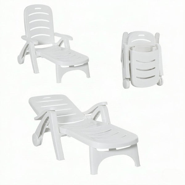 English Elm Poolside Folding Recliner with Slatted Polypropylene Frame and Built-In Wheels for Patios T3971P563044