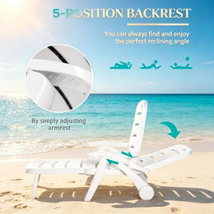 English Elm Poolside Folding Recliner with Slatted Polypropylene Frame and Built-In Wheels for Patios T3971P563044