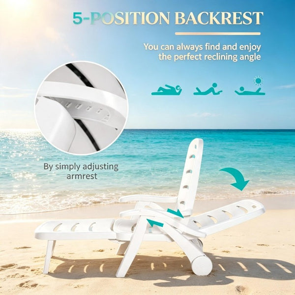 English Elm Poolside Folding Recliner with Slatted Polypropylene Frame and Built-In Wheels for Patios T3971P563044