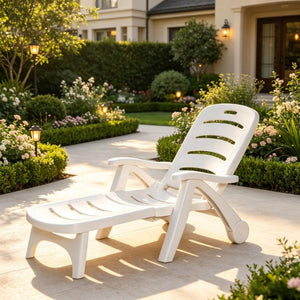 English Elm Poolside Folding Recliner with Slatted Polypropylene Frame and Built-In Wheels for Patios T3971P563044