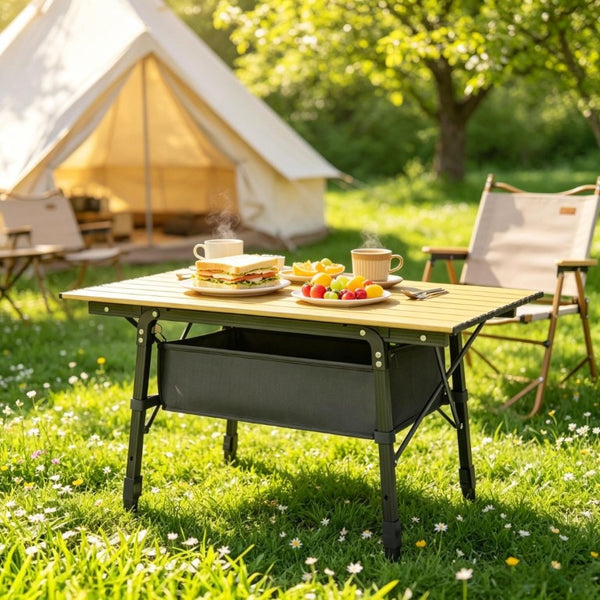 English Elm Compact Aluminum Folding Camp Table with Storage Basket for Outdoor Adventures T3971P563069