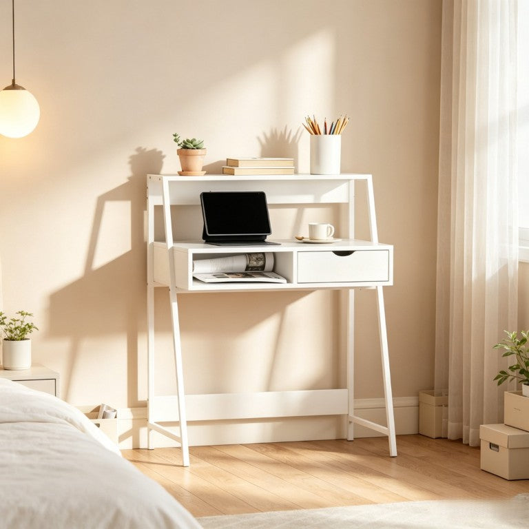 English Elm Space-Saving Writing Desk with Steel Frame Open Shelving and Drawer for Small Home Offices T3971P567263