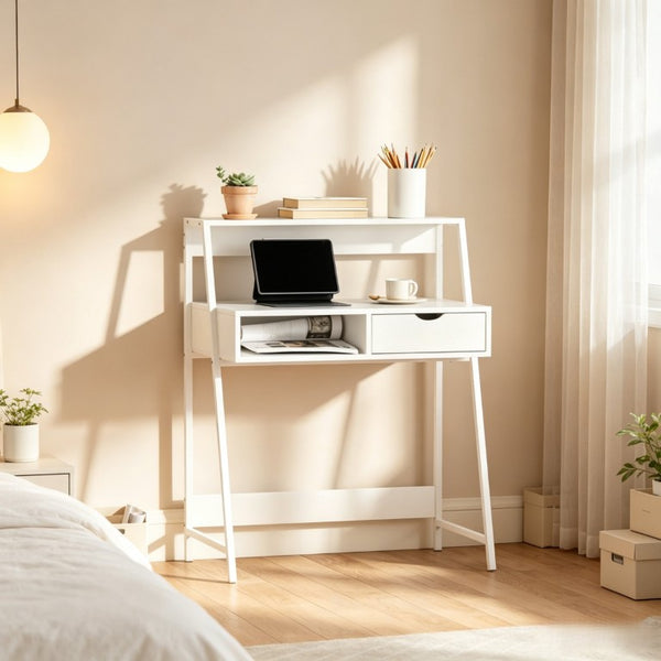 English Elm Space-Saving Writing Desk with Steel Frame Open Shelving and Drawer for Small Home Offices T3971P567263