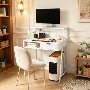 English Elm Space-Saving Writing Desk with Steel Frame Open Shelving and Drawer for Small Home Offices T3971P567263