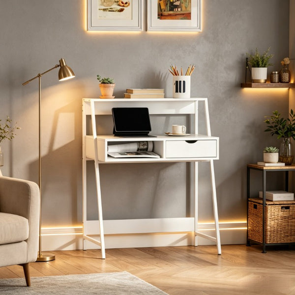 English Elm Space-Saving Writing Desk with Steel Frame Open Shelving and Drawer for Small Home Offices T3971P567263