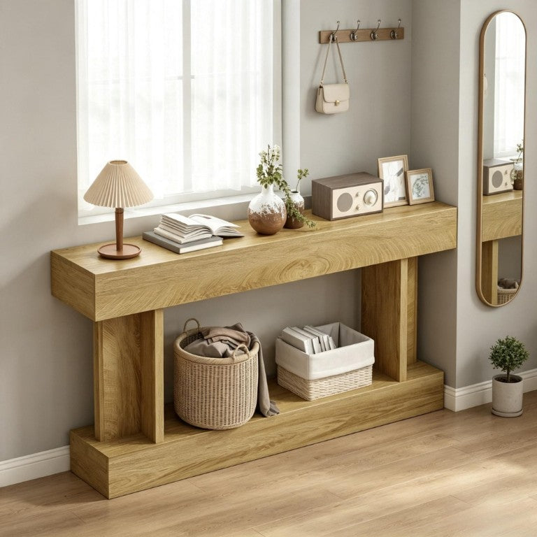 English Elm Elegant 63 Inch Distressed Oak Console Table with Open Shelf and Crossbar Base T3971P573317