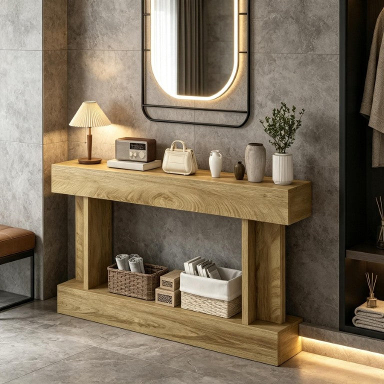 English Elm Elegant 63 Inch Distressed Oak Console Table with Open Shelf and Crossbar Base T3971P573317