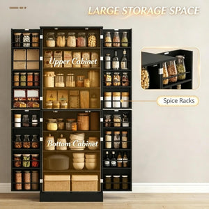 English Elm Tall Freestanding Pantry Cabinet with Spice Racks and Magnetic Doors for Kitchen Storage T3971P573392