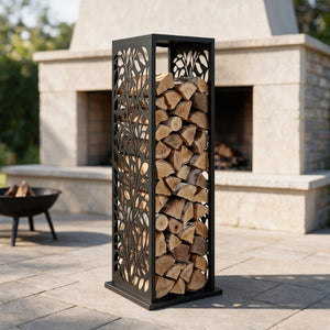 English Elm Sturdy Steel Firewood Tower Rack with Geometric Panels and Four Integrated Tool Hooks T3971P574843