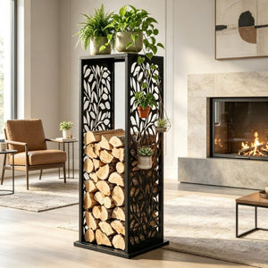 English Elm Sturdy Steel Firewood Tower Rack with Geometric Panels and Four Integrated Tool Hooks T3971P574843