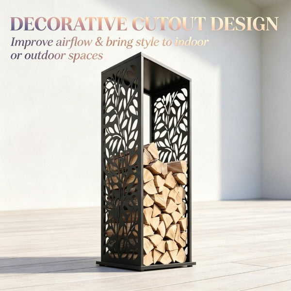 English Elm Sturdy Steel Firewood Tower Rack with Geometric Panels and Four Integrated Tool Hooks T3971P574843