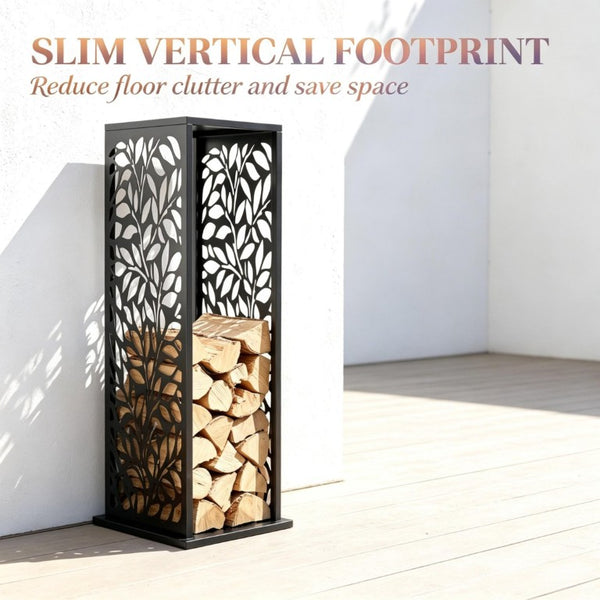 English Elm Sturdy Steel Firewood Tower Rack with Geometric Panels and Four Integrated Tool Hooks T3971P574843